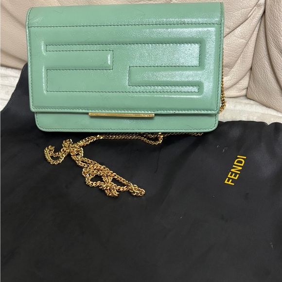 Fendi Mint Green Leather Crossbody with Gold Chain